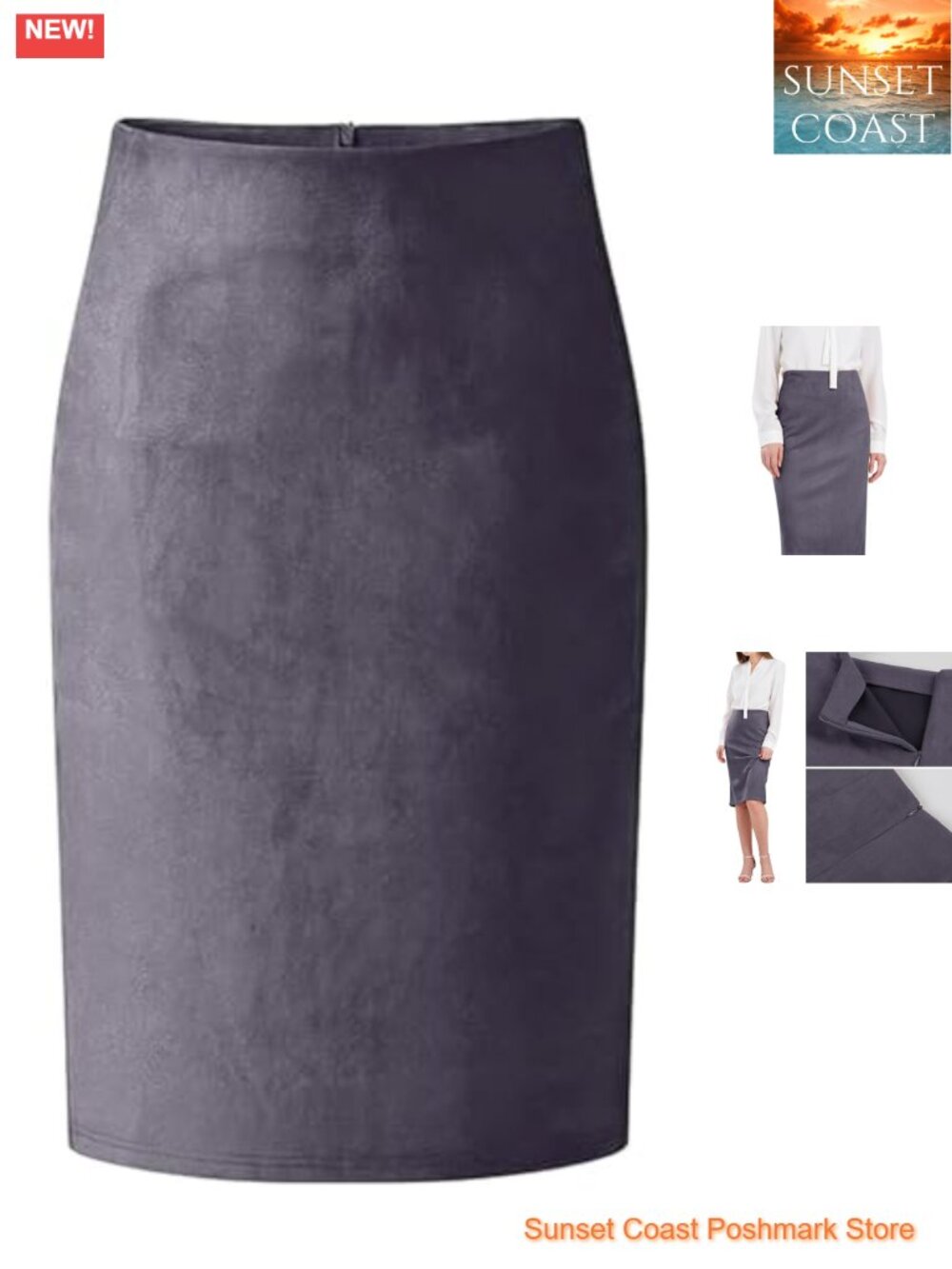 Faux Suede High Waist Midi Pencil Skirt Back Slit Office Wear